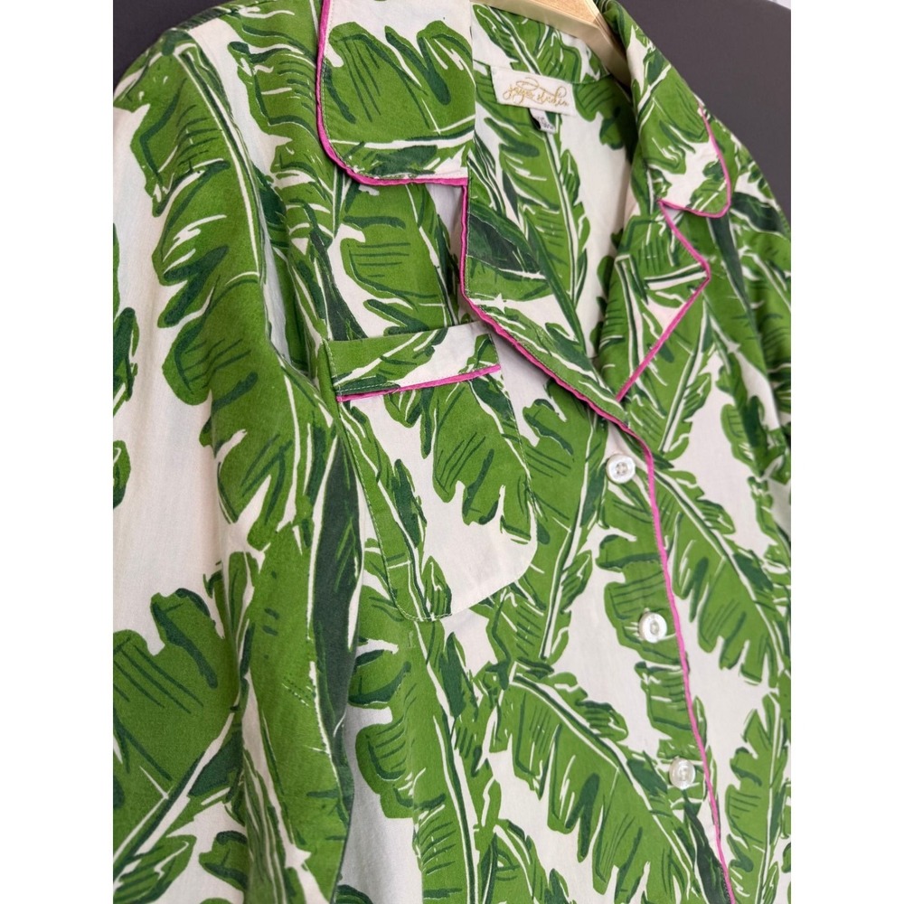 Jayes Studio Banana Leaf Print Sleep Shirt Green White Pink Piping XXS 00-0 - Picture 6 of 8
